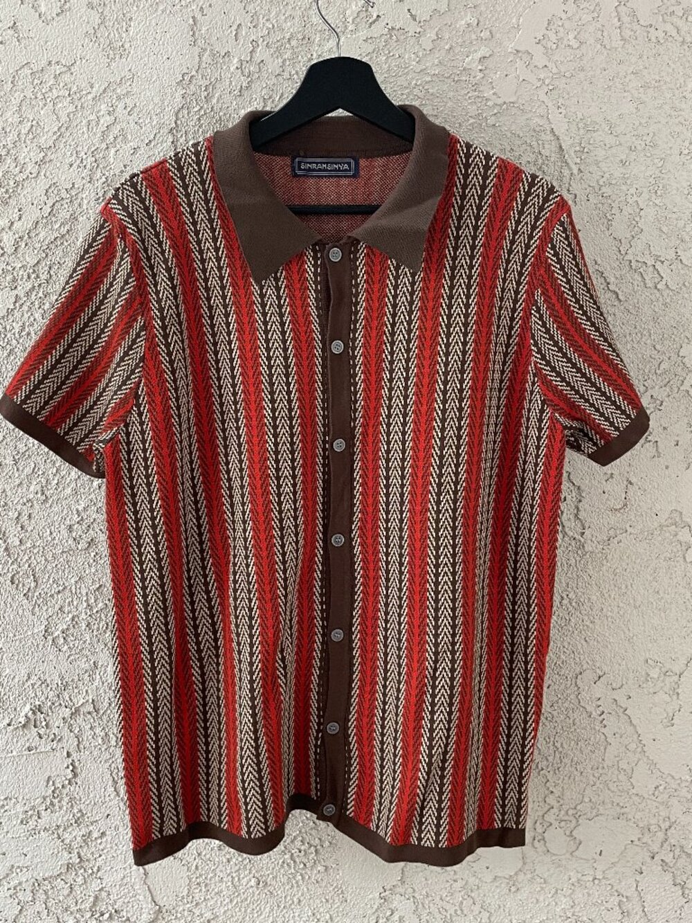 Retro 70s Knit Shirt Men XL Striped Viscose Mod Eclectic Grandpa Boho Hippie